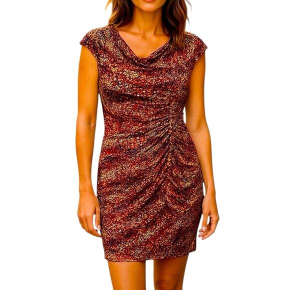 Alfani Drape Neck Sleeveless Abstract Print Ruched Mini Dress Size 12 Petite - Picture 1 of 16